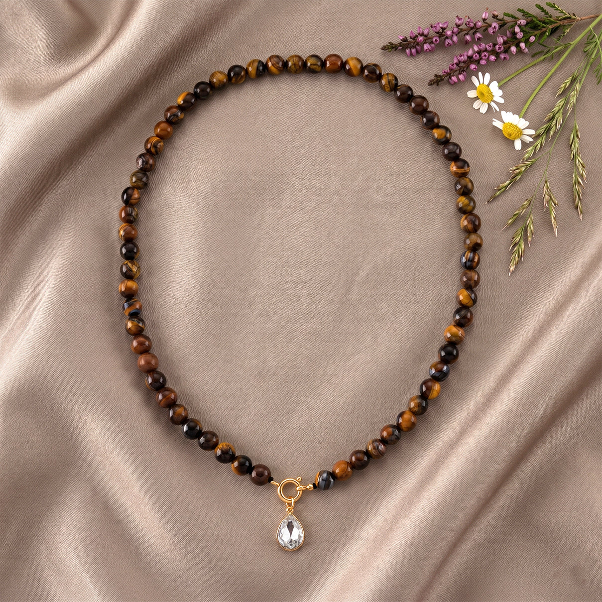 Tigers Eye &amp; White Cubic Zirconia Necklace (Size - 20) with Clasp 255.00 Ct. V32514931 3