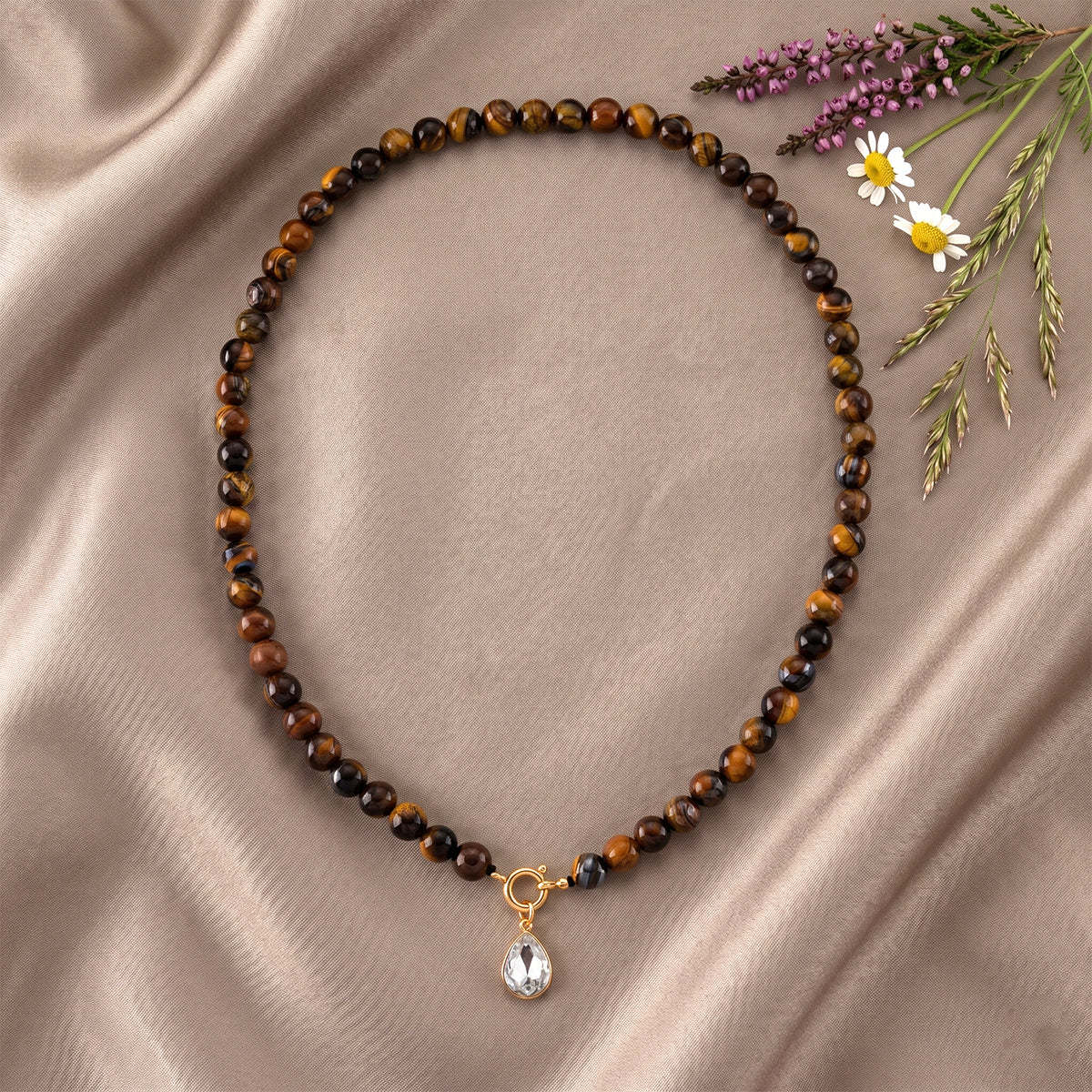 Tigers Eye &amp; White Cubic Zirconia Necklace (Size - 20) with Clasp 255.00 Ct. V32514931 3