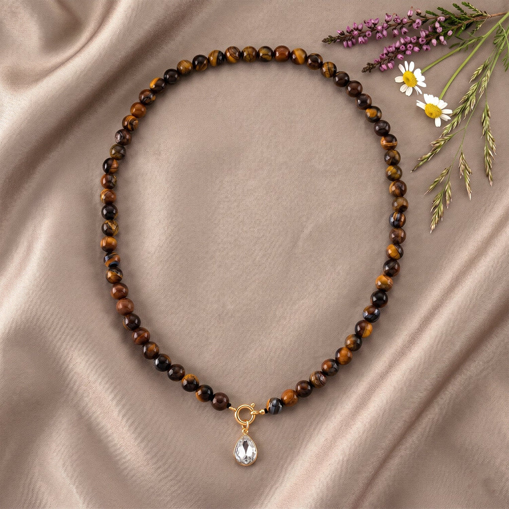 Tigers Eye & White Cubic Zirconia Necklace (Size - 20) with Clasp 255.00 Ct.