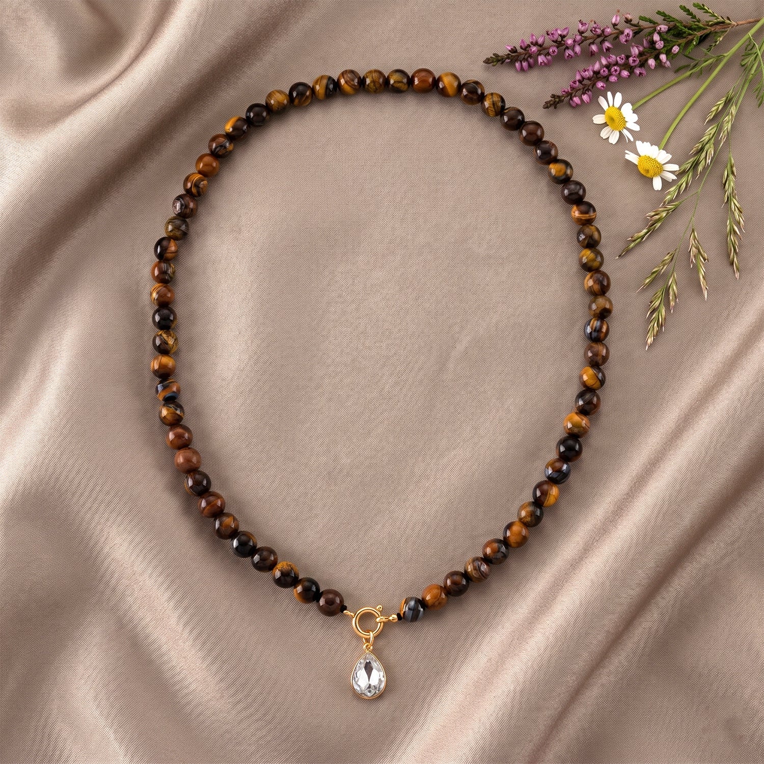 Tigers Eye &amp; White Cubic Zirconia Necklace (Size - 20) with Clasp 255.00 Ct. V32345373 3