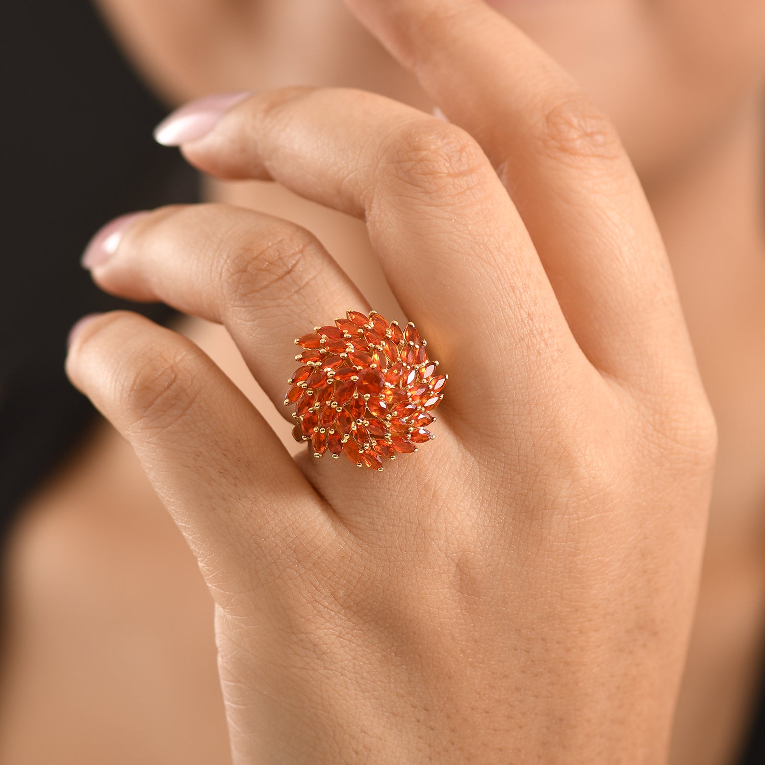 D'Joy - Natural Crimson Fire Opal Floral Ring in 18K Vermeil Yellow Gold Plated Sterling Silver 2.67 Ct. V32523902 2