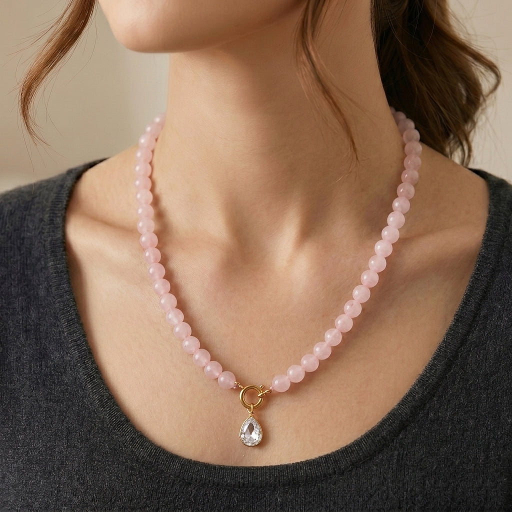 Rose Quartz &amp; White Cubic Zirconia Necklace (Size - 20) with Clasp 255.00 Ct. 8562313 2