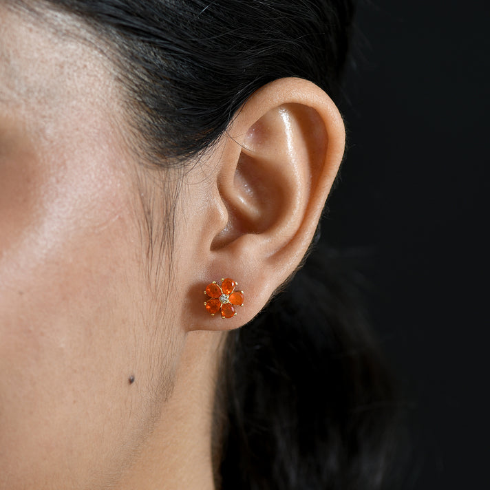 Luxuriant - Natural Crimson Fire Opal &amp; Lab Grown Diamond (SI-G-H) Floral Earring with Push Post in Yellow Gold Plated Sterling Silver 1.12 Ct. 8562326 2