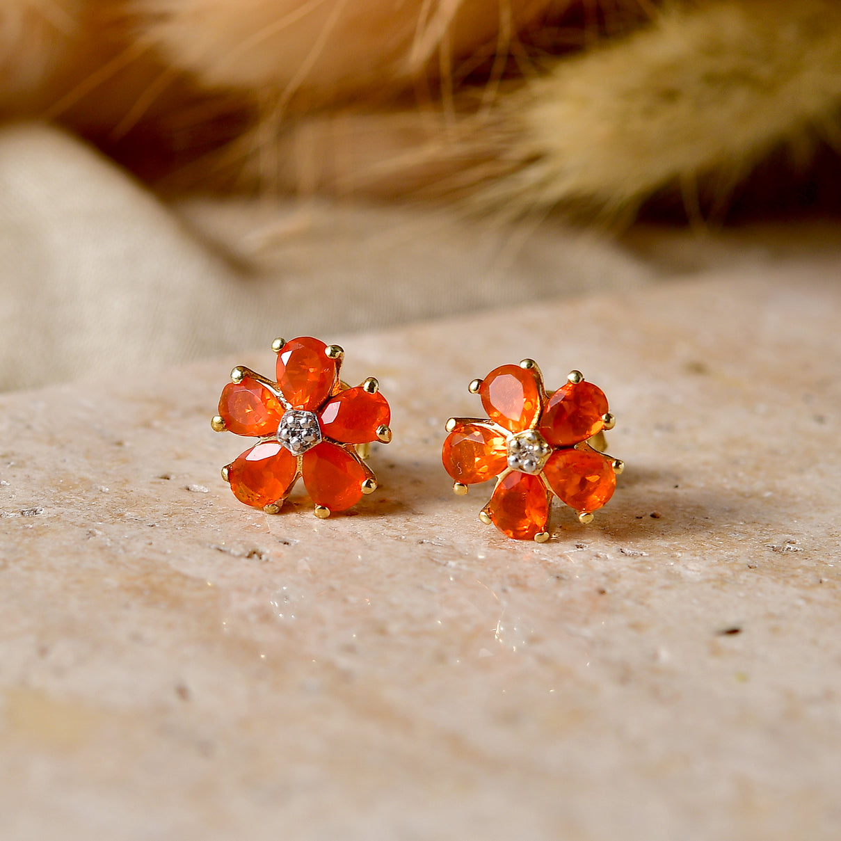 Luxuriant - Natural Crimson Fire Opal &amp; Lab Grown Diamond (SI-G-H) Floral Earring with Push Post in Yellow Gold Plated Sterling Silver 1.12 Ct. 8562326 3