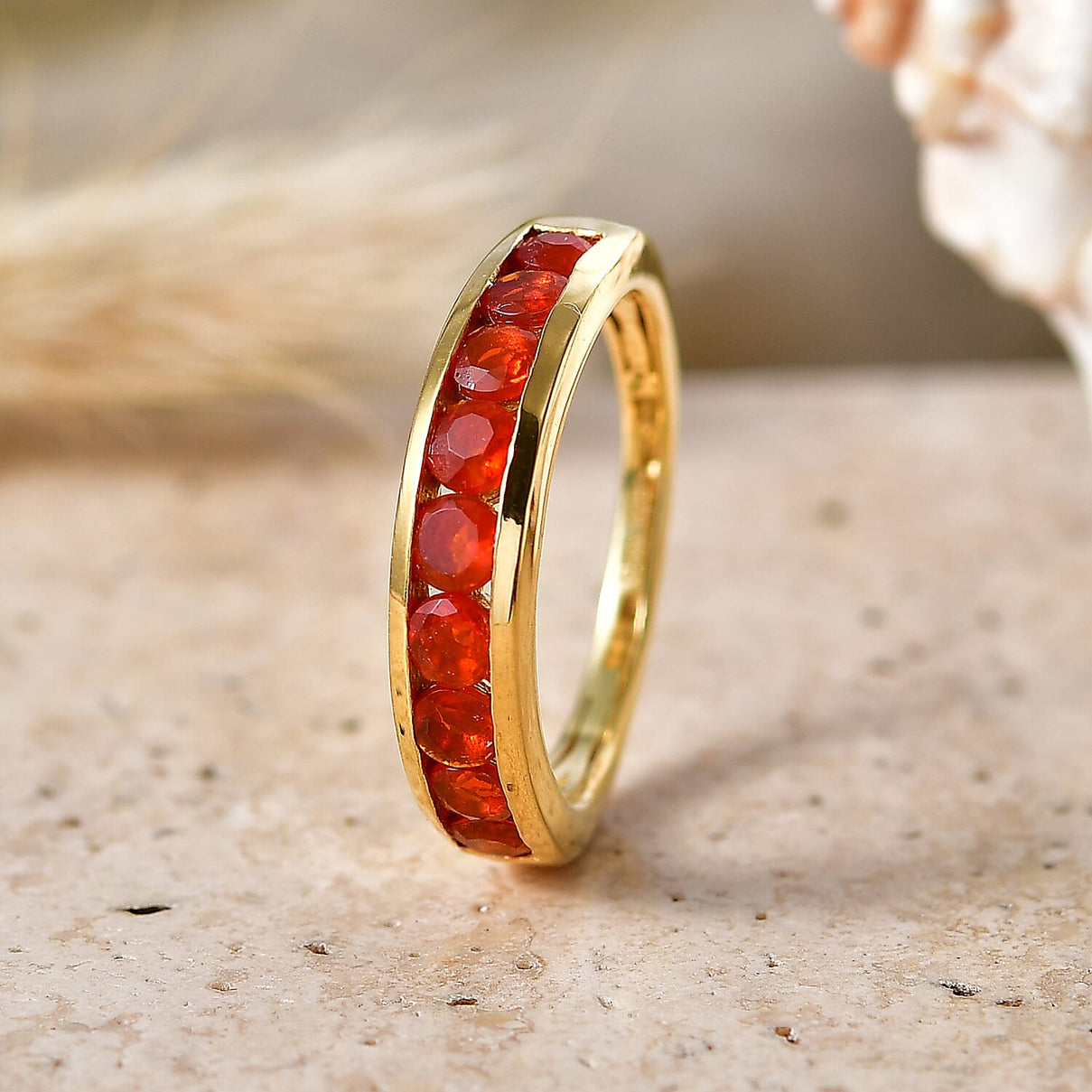 D'Joy - Natural Crimson Fire Opal Half Eternity Band Ring in Yellow Gold Plated Sterling Silver 1.00 Ct. V32519286 3