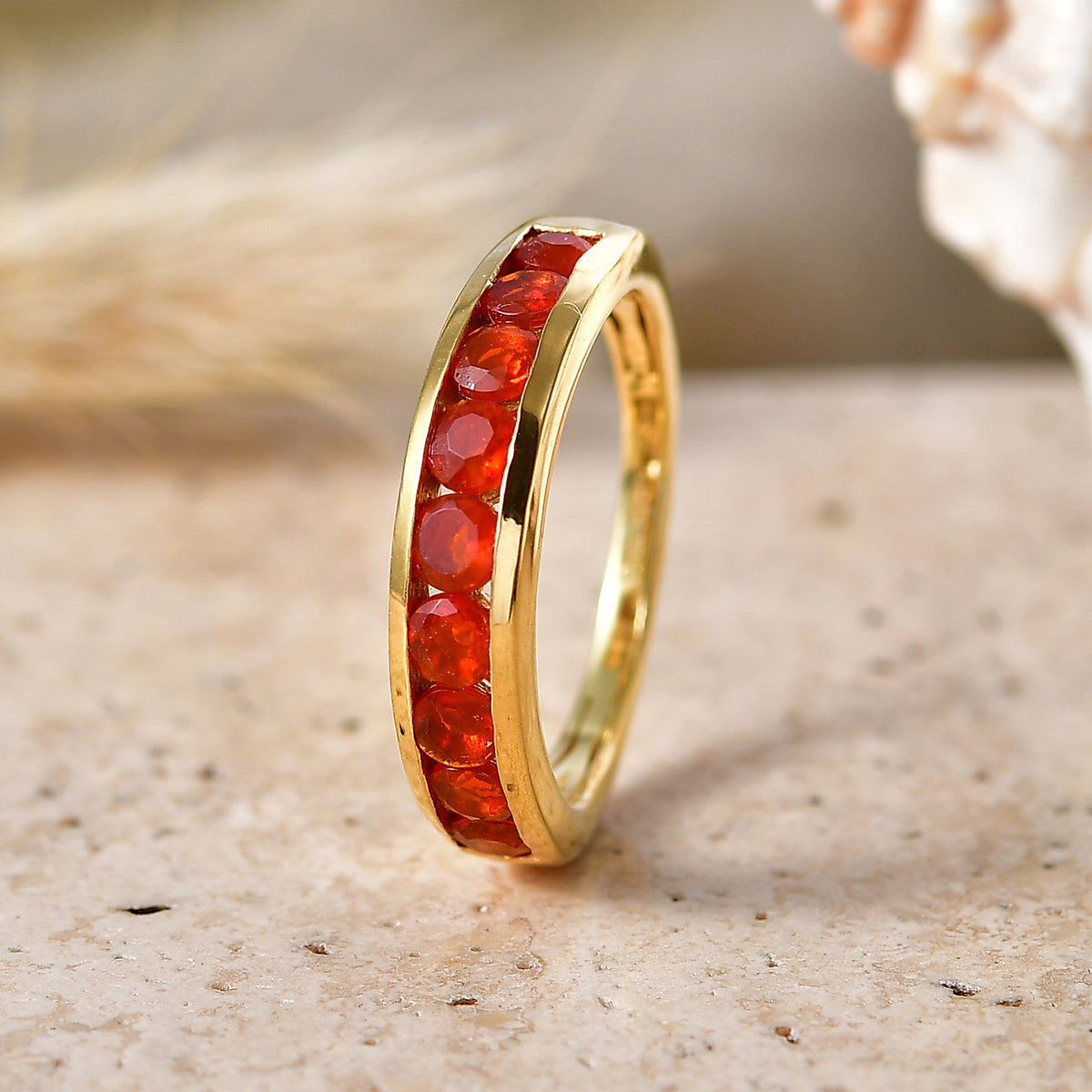 D'Joy - Natural Crimson Fire Opal Half Eternity Band Ring in Yellow Gold Plated Sterling Silver 1.00 Ct. V32528545 3