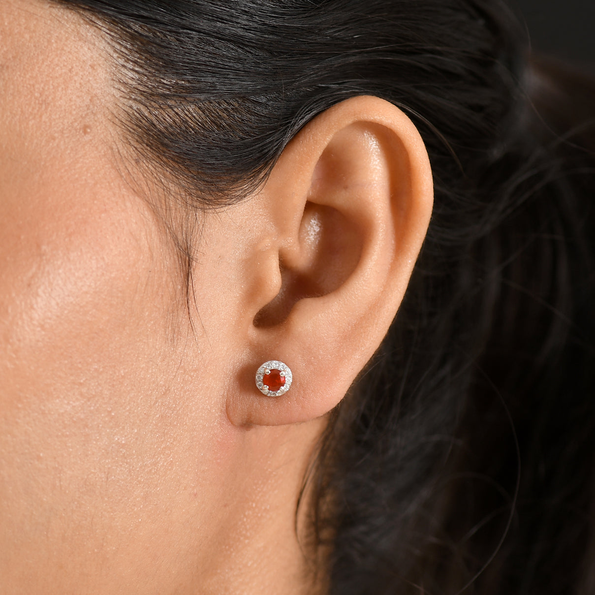 D'Joy - Natural Crimson Fire Opal &amp; Moissanite Halo Stud Earring with Push Post in Platinum Overlay Sterling Silver 8562356 2
