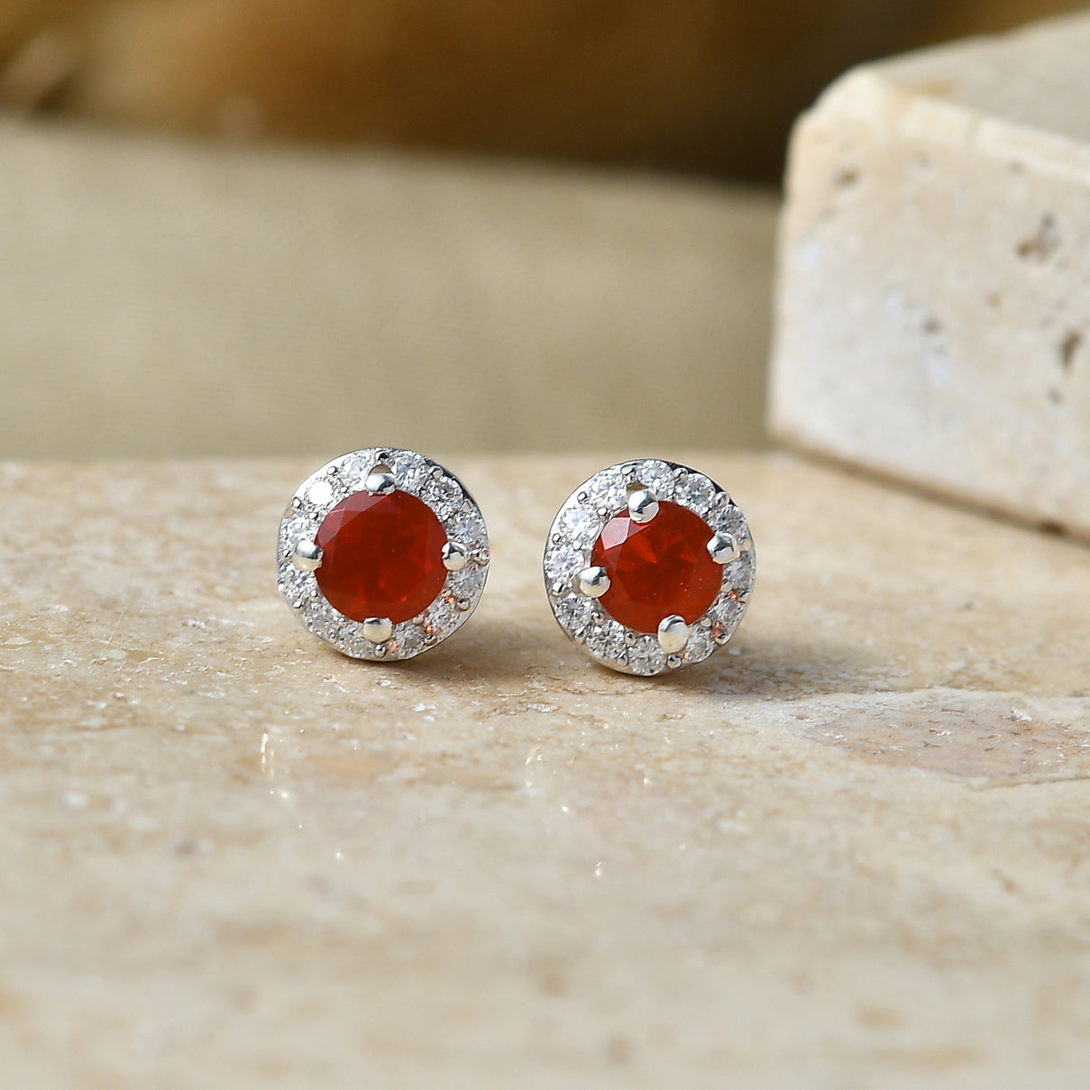 D'Joy - Natural Crimson Fire Opal &amp; Moissanite Halo Stud Earring with Push Post in Platinum Overlay Sterling Silver 8562356 3