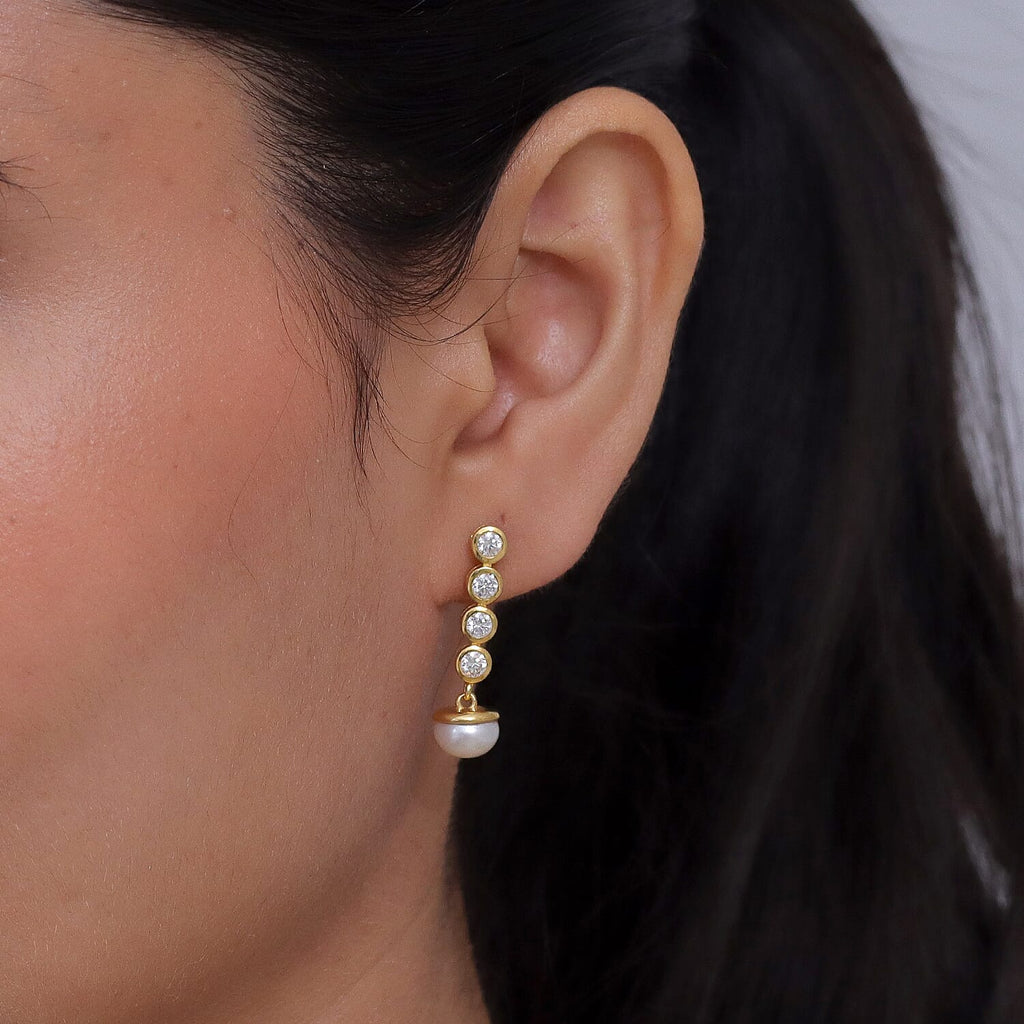D'Joy - Moissanite & Fresh Water Pearl Dangling Earring with Push Back in Yellow Gold Plated Sterling Silver 5.60 Ct._8562416_1