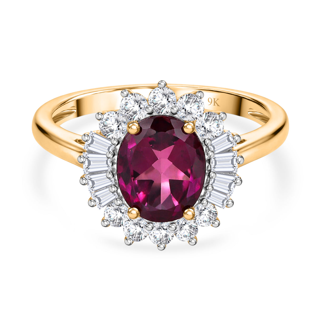 The Tony Diniz Collection - 9K Yellow Gold AAA Natural Radiant Ember Garnet (2.10 Ct) & Lab Grown Diamond (SI/G-H 0.50ct) Halo Ring 2.60 Ct._8562686