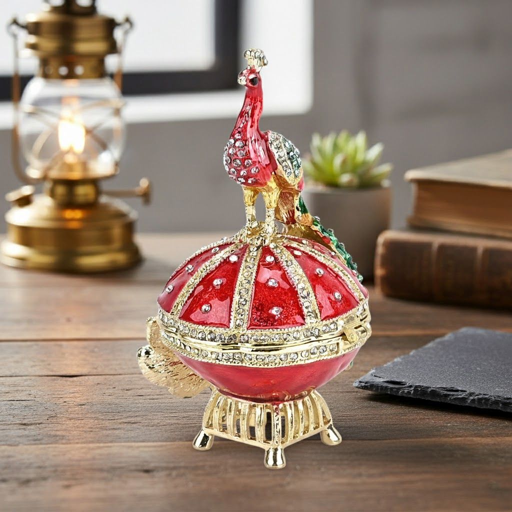 LIVMORE Multicolour Diamond Embellished Peacock Shaped Trinket Storage Box  (Size 6x7x10 cm) - Red V32604449 2
