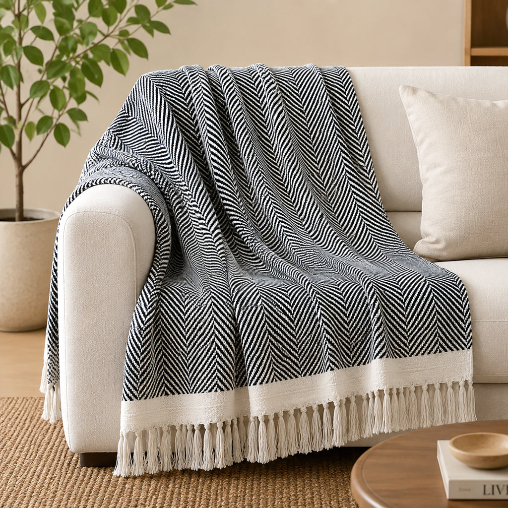 LIVMORE Cotton Patterned Throw Blanket (Size 130x1 cm) - Navy_8562762_1