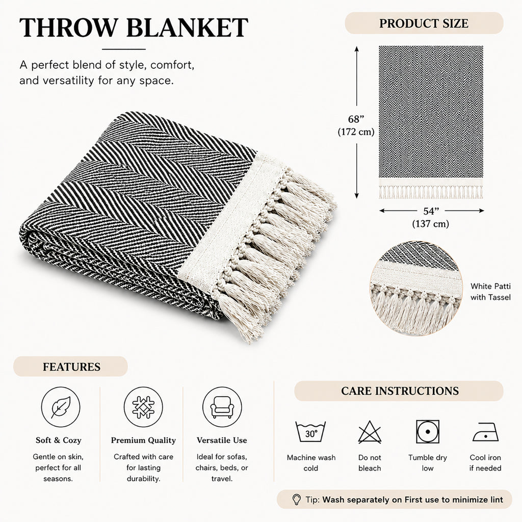 LIVMORE Cotton Patterned Throw Blanket (Size 130x1 cm) - Navy_8562762_4