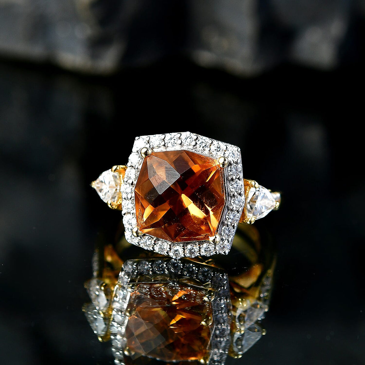 Certified and Appraised D'Joy Citrine, Moissanite Halo Ring in 18K Yellow Gold Vermeil Sterling Silver 4.350 Ct. 8562899 1