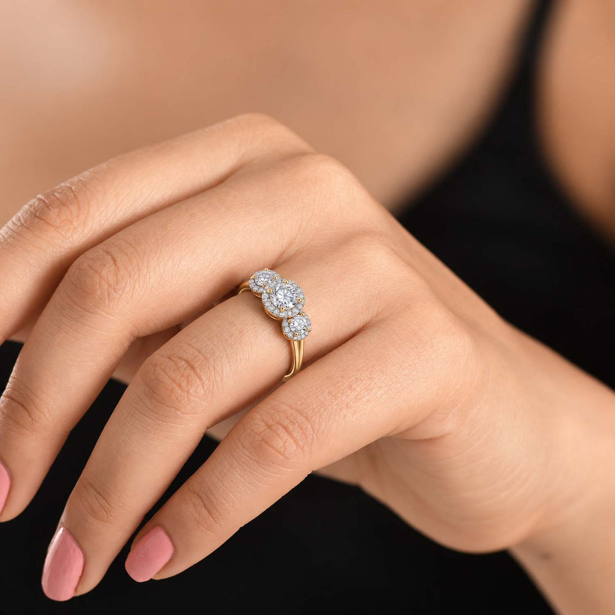 Luxuriant - Lab Grown Diamond (SI/G-H) Three-stone Halo Ring in 18K Vermeil Yellow Gold Plated Sterling Silver 8562972 2