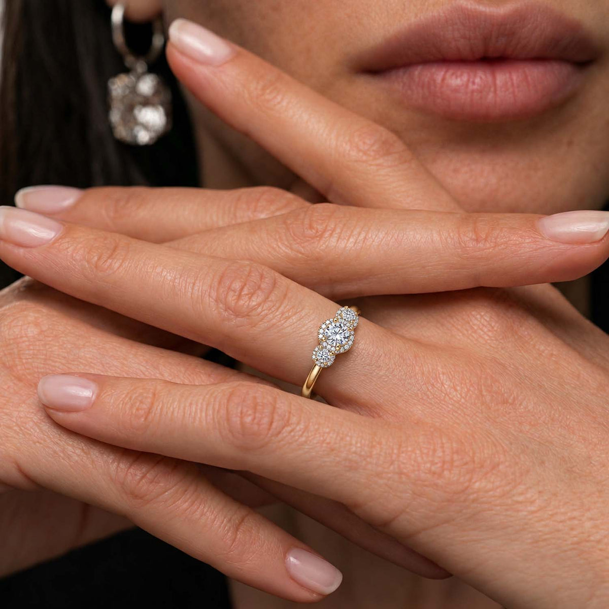Luxuriant - Lab Grown Diamond (SI/G-H) Three-stone Halo Ring in 18K Vermeil Yellow Gold Plated Sterling Silver 8562972 3