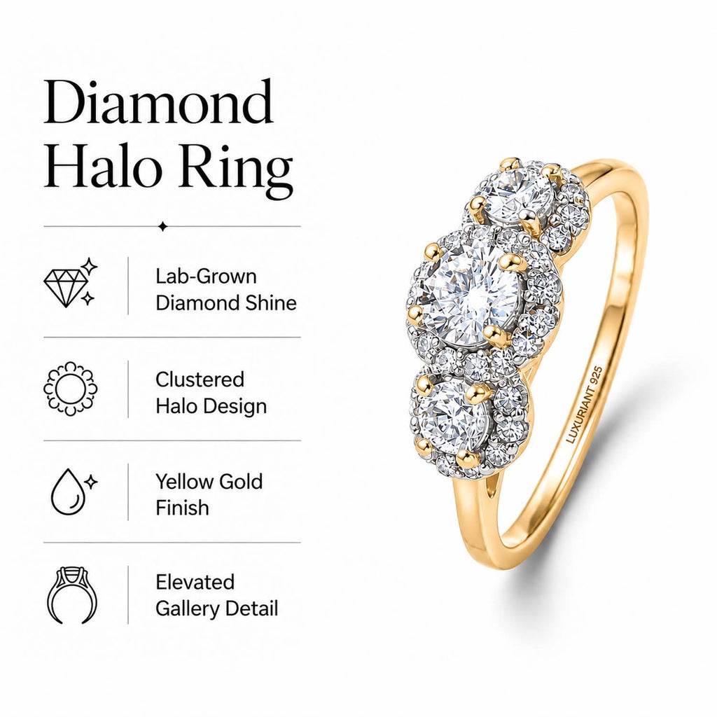 Luxuriant - Lab Grown Diamond (SI/G-H) Trilogy Halo Ring in 18K Vermeil Yellow Gold Plated Sterling Silver 0.76 Ct._8562972_3