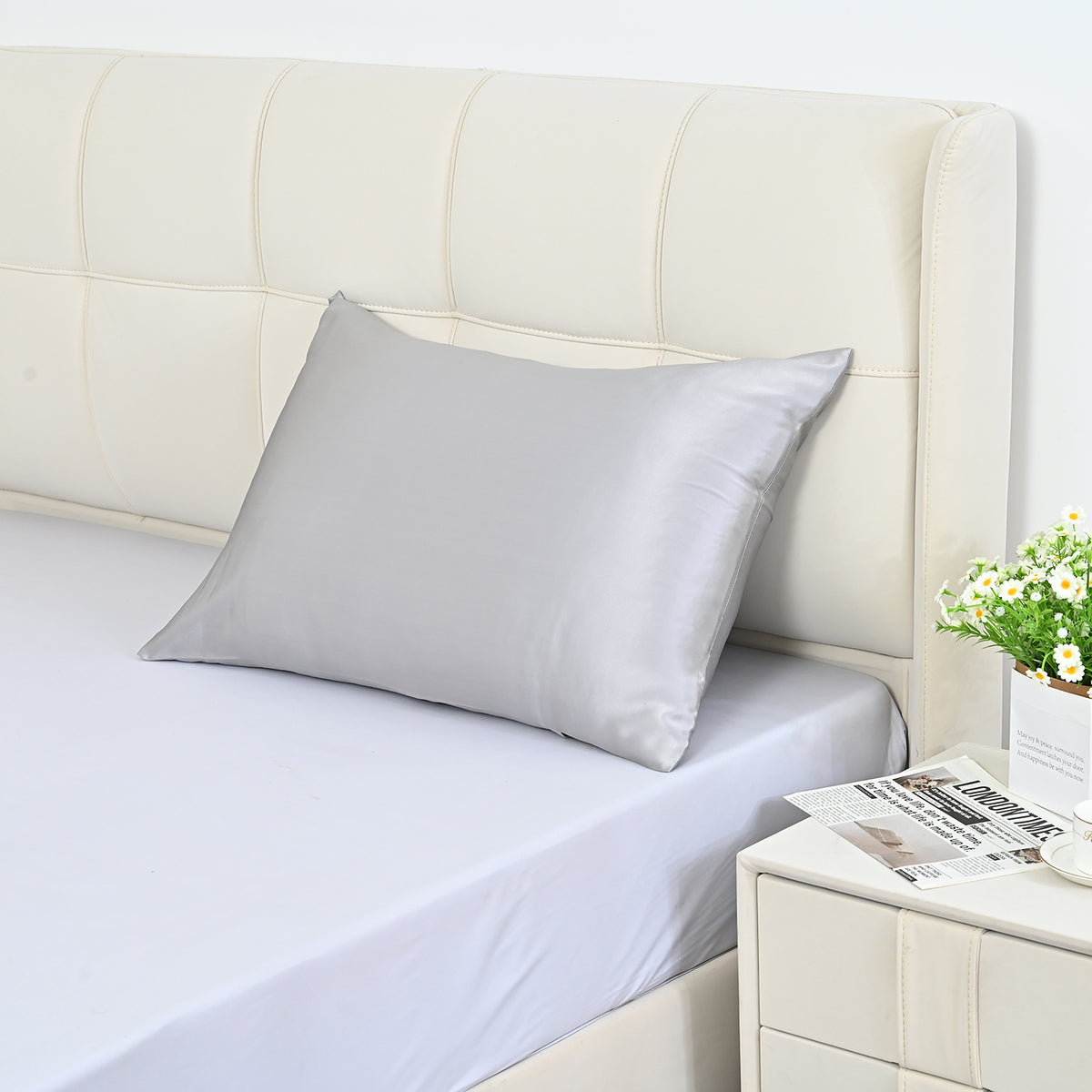 La Marey Signature Mulberry Silk Patterned Pillowcase with MOP Button Closure (Size 50x75 cm) - Silver V32518264 0