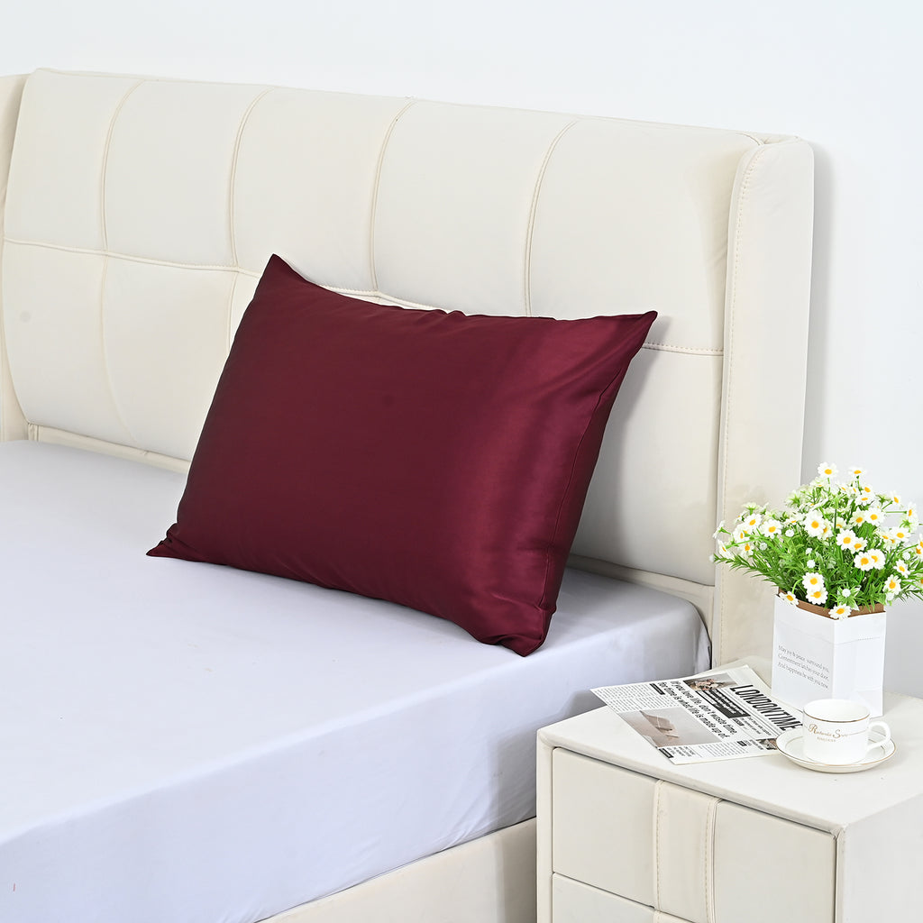 La Marey Signature Mulberry Silk Patterned Pillowcase with MOP Button Closure (Size 50x75 cm) - Burgundy_8563041