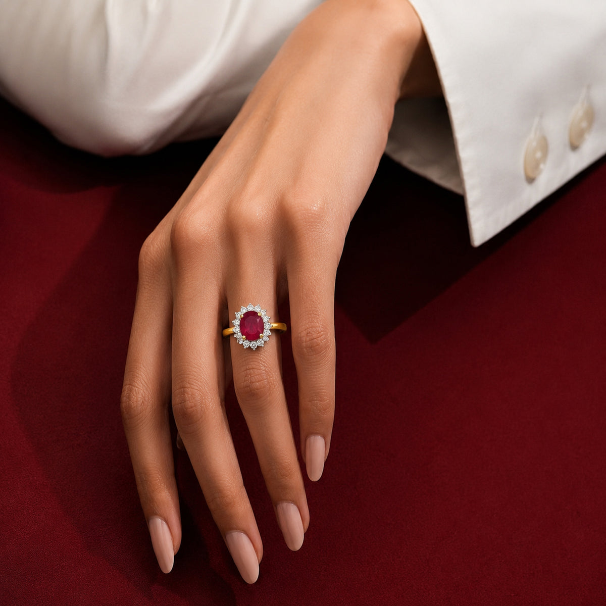 Luxuriant - African Ruby &amp; Lab Grown Diamond (SI/G-H) Halo Ring in 18K Vermeil Yellow Gold Plated Sterling Silver 4.30 Ct. V32565860 4