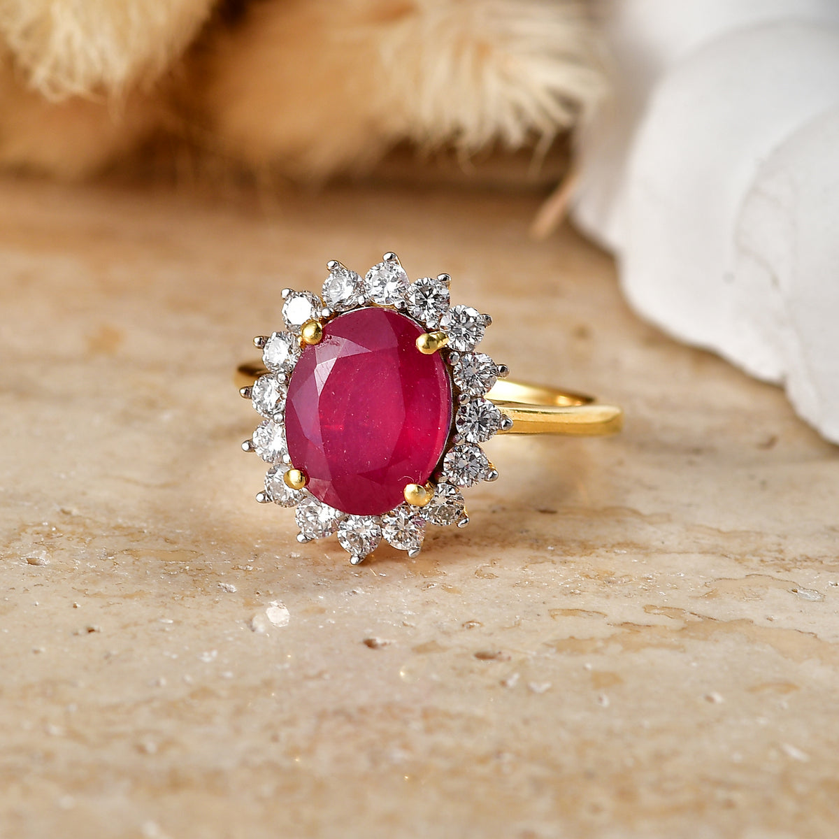 Luxuriant - African Ruby &amp; Lab Grown Diamond (SI/G-H) Halo Ring in 18K Vermeil Yellow Gold Plated Sterling Silver 4.30 Ct. V32565860 5