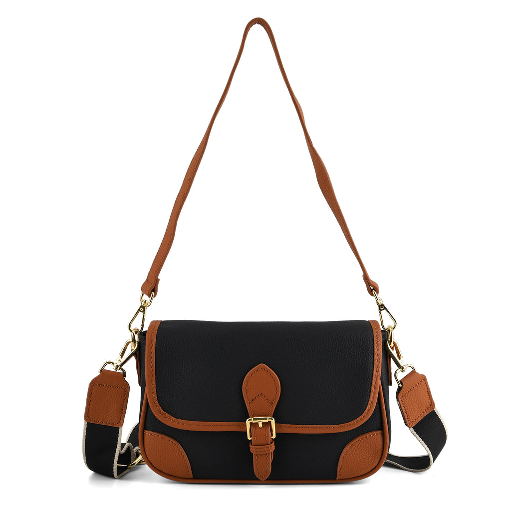 Genuine Leather Structured Sling Bag with Buckle Closure - Black_8563660