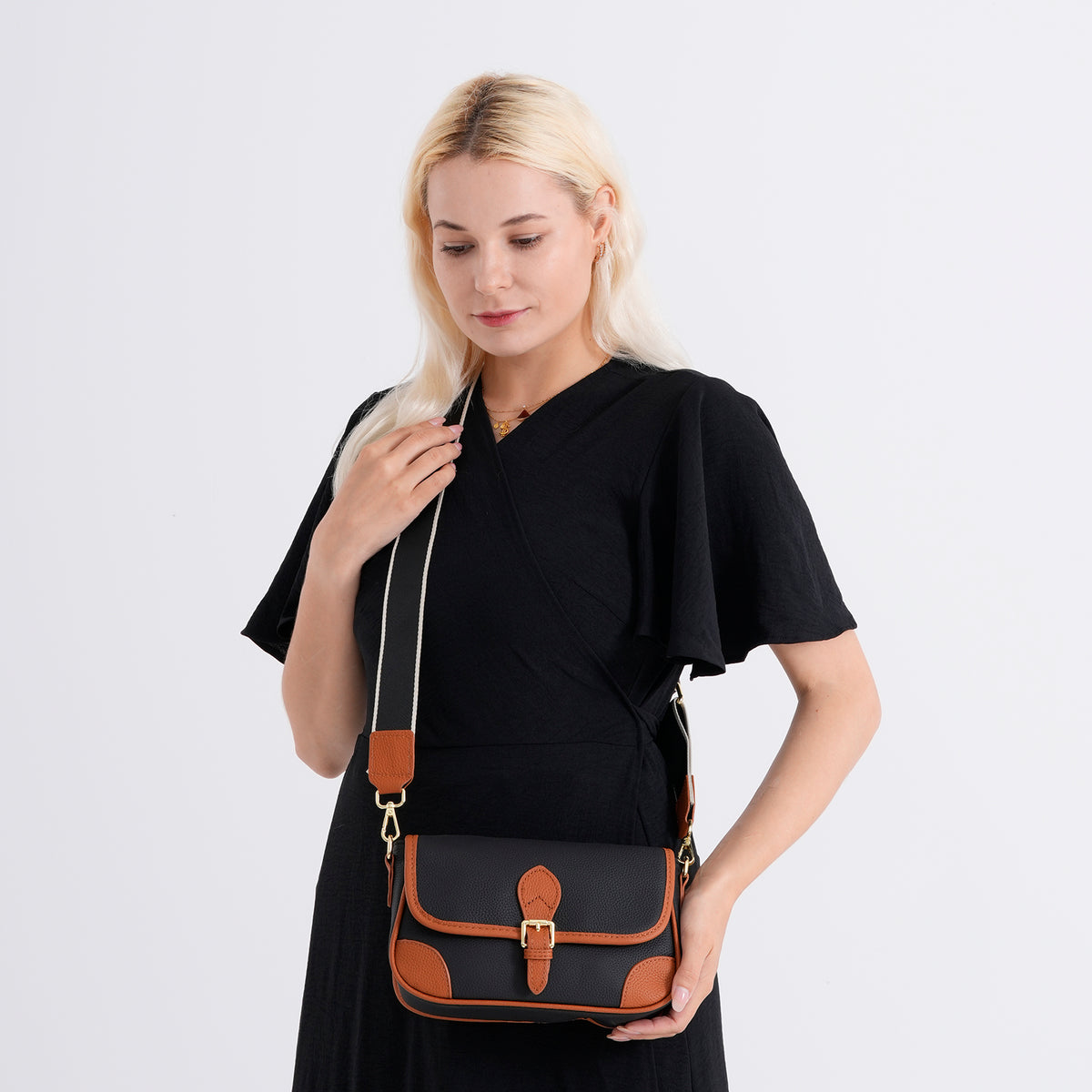 Genuine Leather Structured Sling Bag with Buckle Closure - Black 8563660 3
