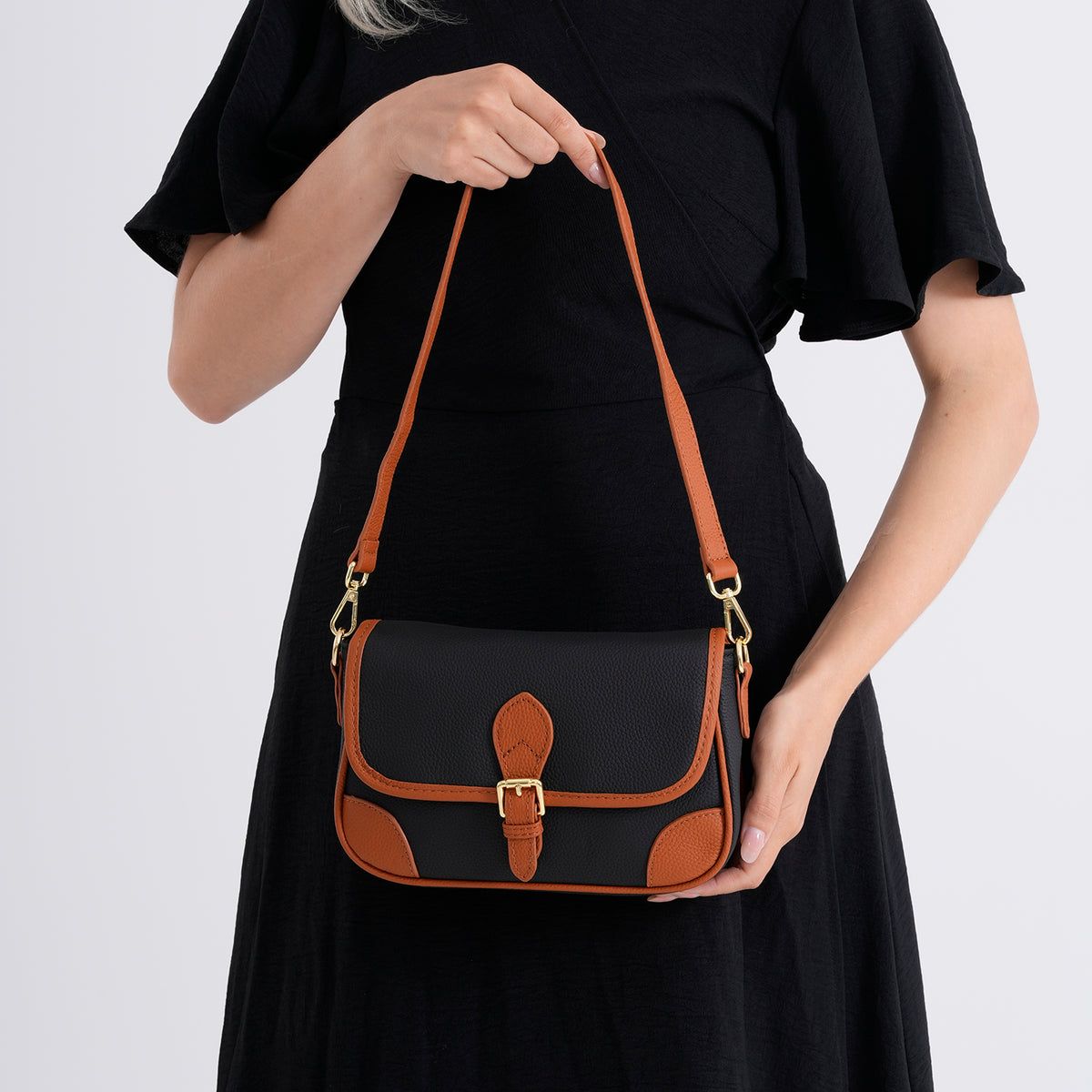 Genuine Leather Structured Sling Bag with Buckle Closure - Black 8563660 4