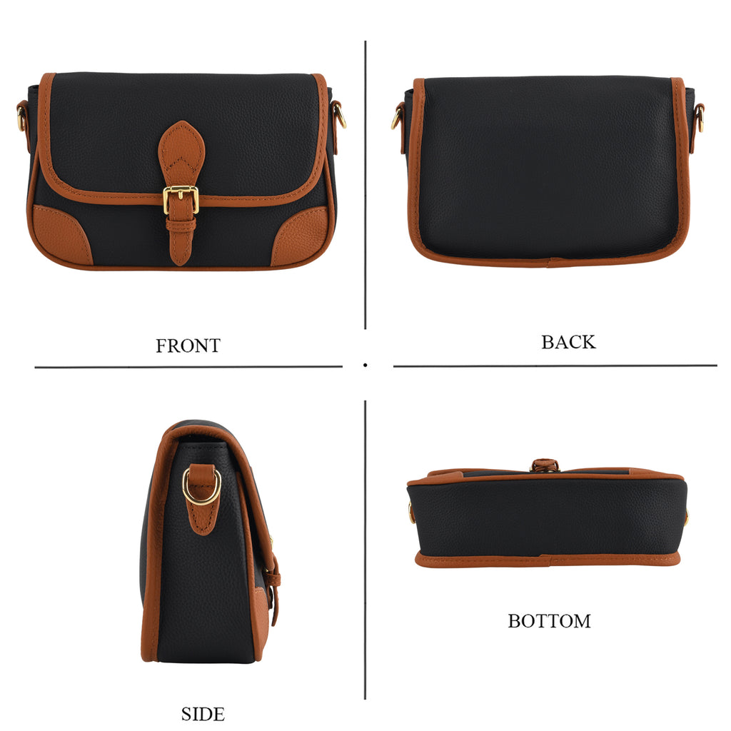 Genuine Leather Structured Sling Bag with Buckle Closure - Black_8563660_4