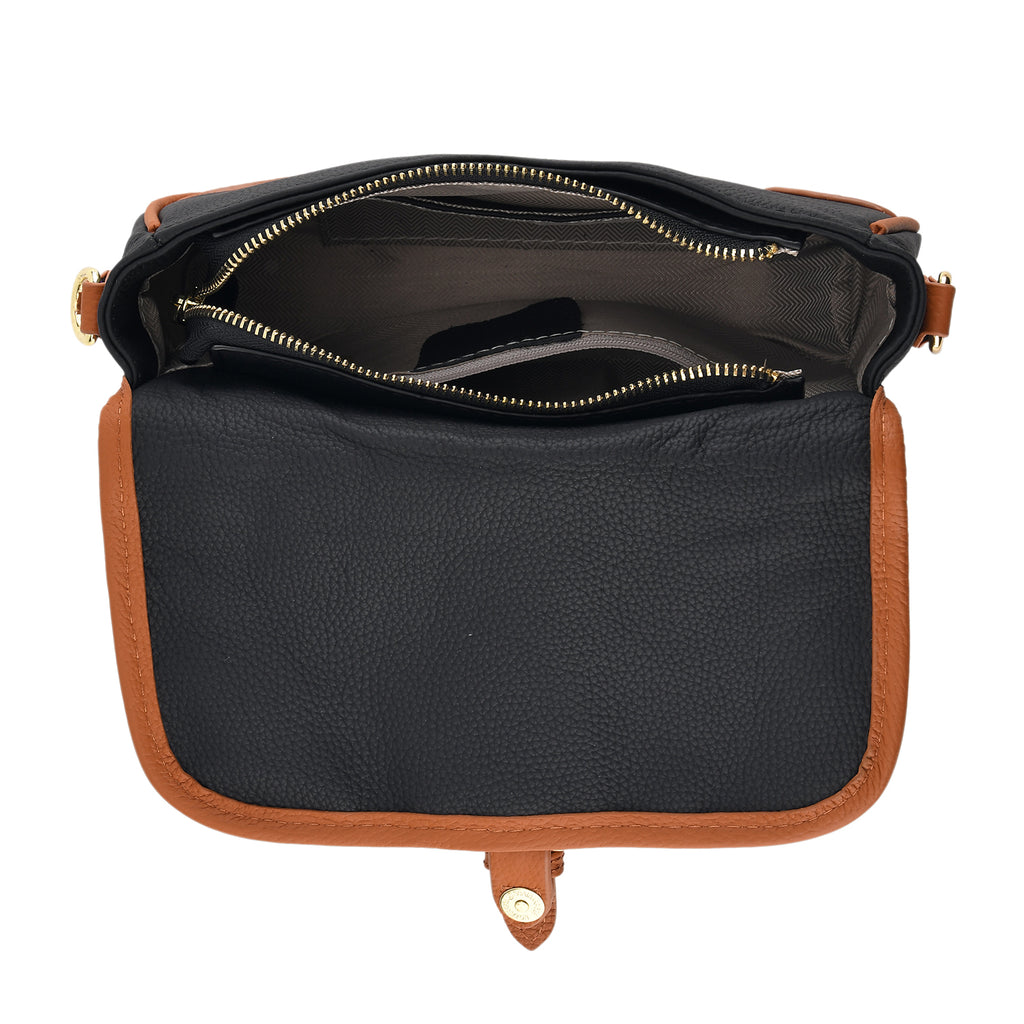 Genuine Leather Structured Sling Bag with Buckle Closure - Black_8563660_5