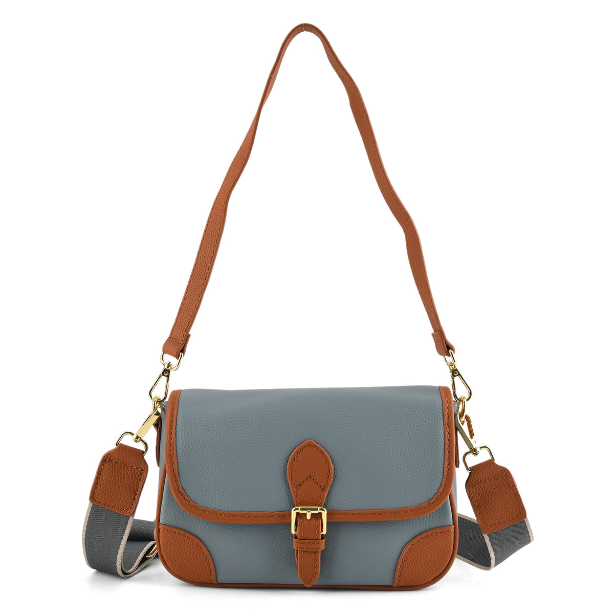 Genuine Leather Structured Sling Bag with Buckle Closure - Blue V32605228 0
