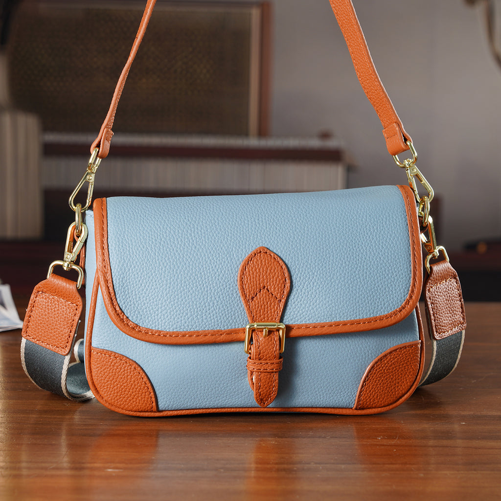 Genuine Leather Structured Sling Bag with Buckle Closure - Blue_8563662_1