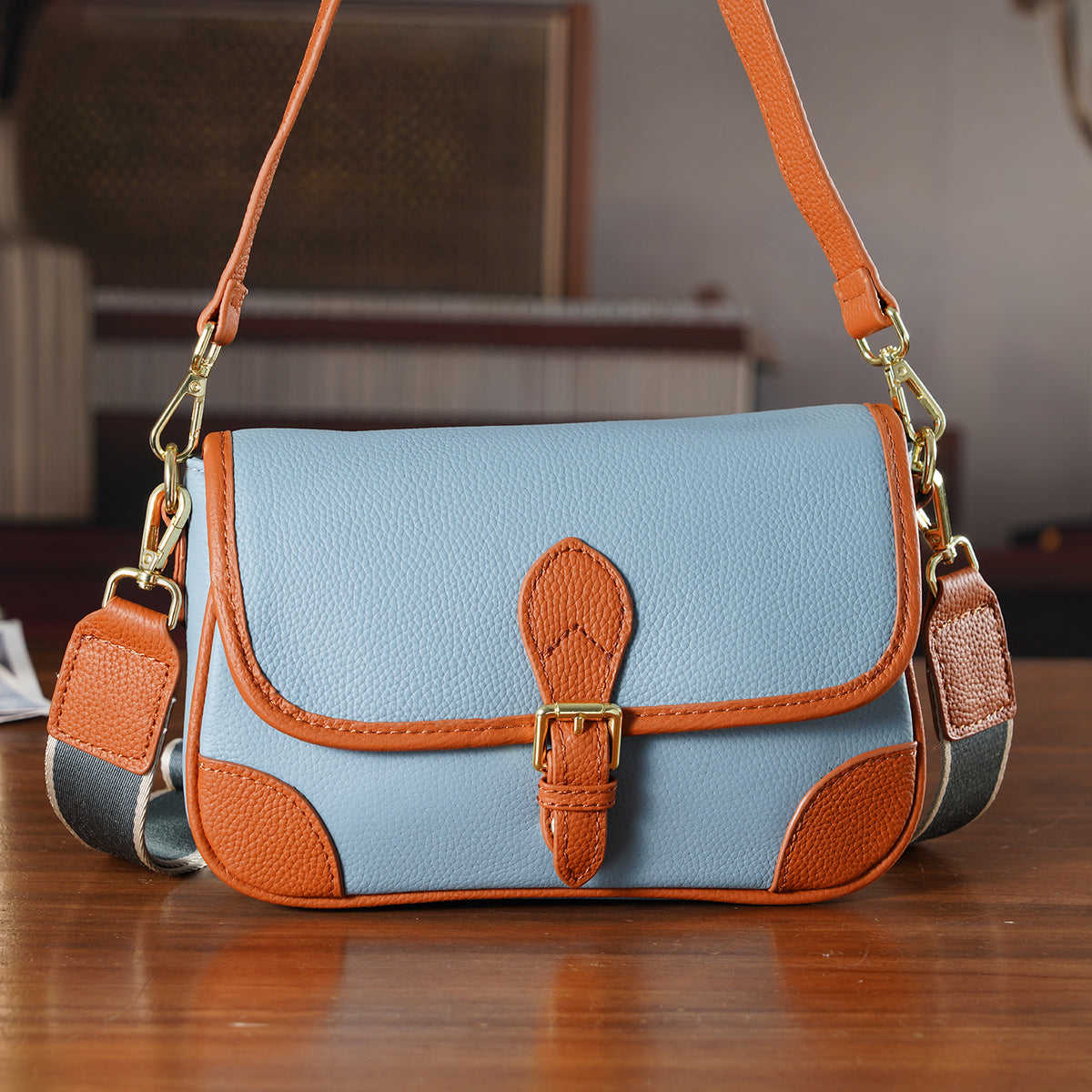Genuine Leather Structured Sling Bag with Buckle Closure - Blue V32605228 2