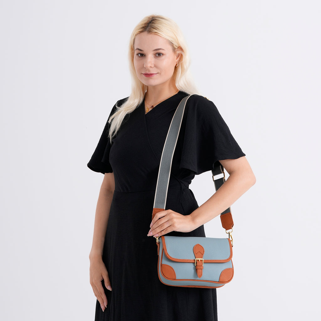 Genuine Leather Structured Sling Bag with Buckle Closure - Blue_8563662_2