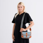Genuine Leather Structured Sling Bag with Buckle Closure - Blue_8563662_2