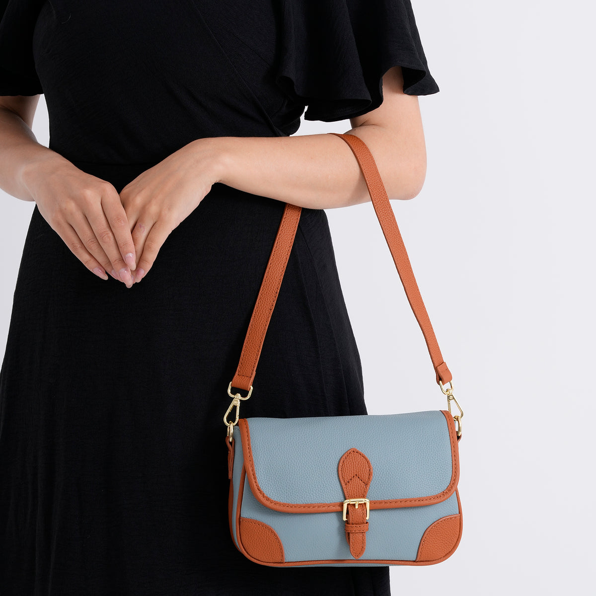 Genuine Leather Structured Sling Bag with Buckle Closure - Blue V32605228 4