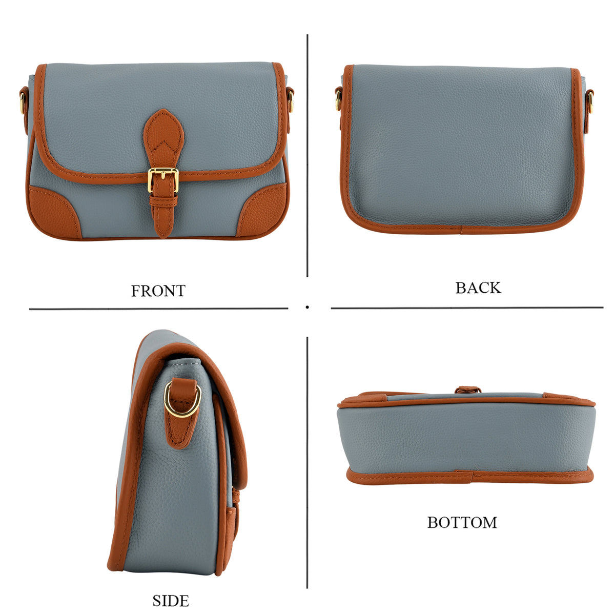 Genuine Leather Structured Sling Bag with Buckle Closure - Blue V32605228 5