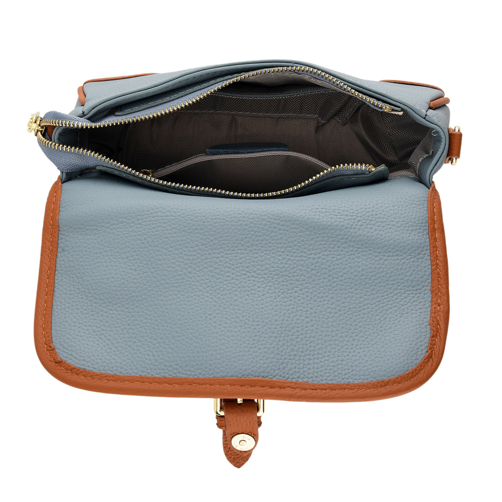 Genuine Leather Structured Sling Bag with Buckle Closure - Blue_8563662_5