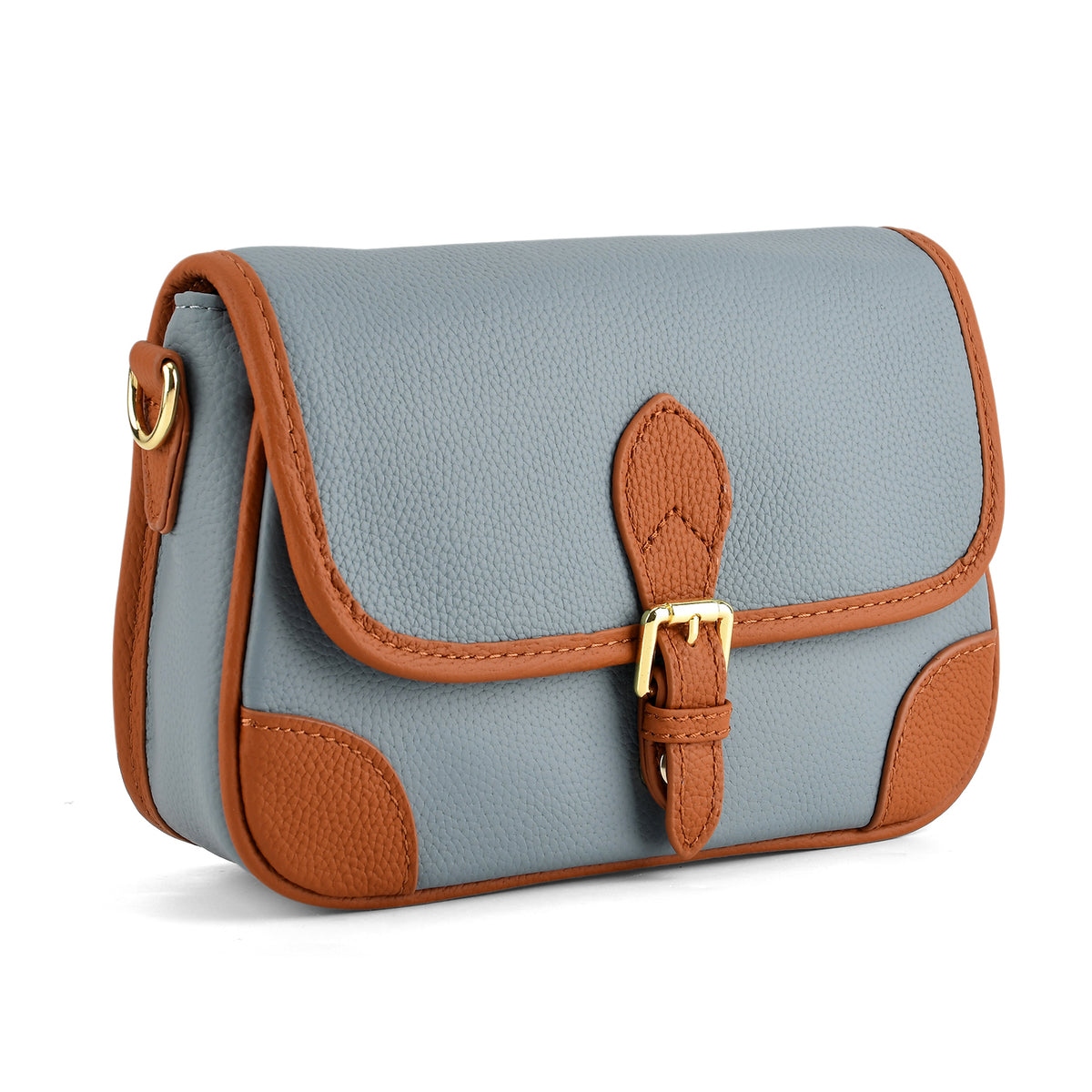 Genuine Leather Structured Sling Bag with Buckle Closure - Blue V32605228 7
