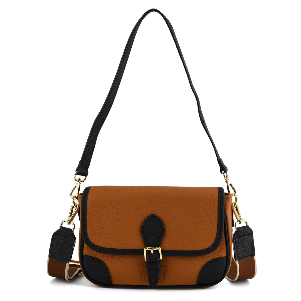 Genuine Leather Structured Sling Bag with Buckle Closure - Tan_8563789