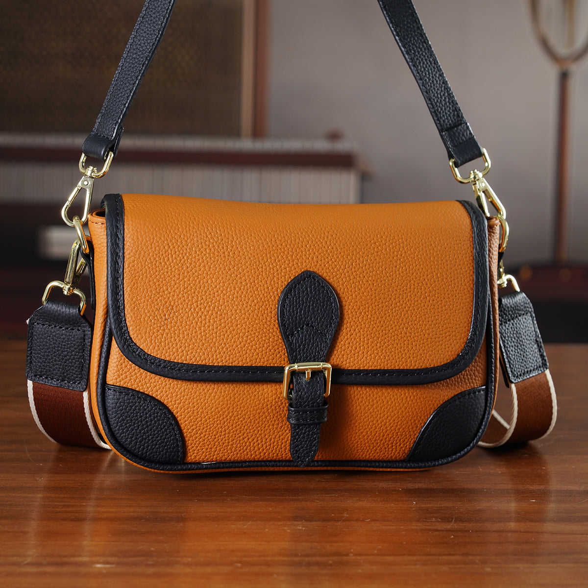 Genuine Leather Structured Sling Bag with Buckle Closure - Tan V32604847 2