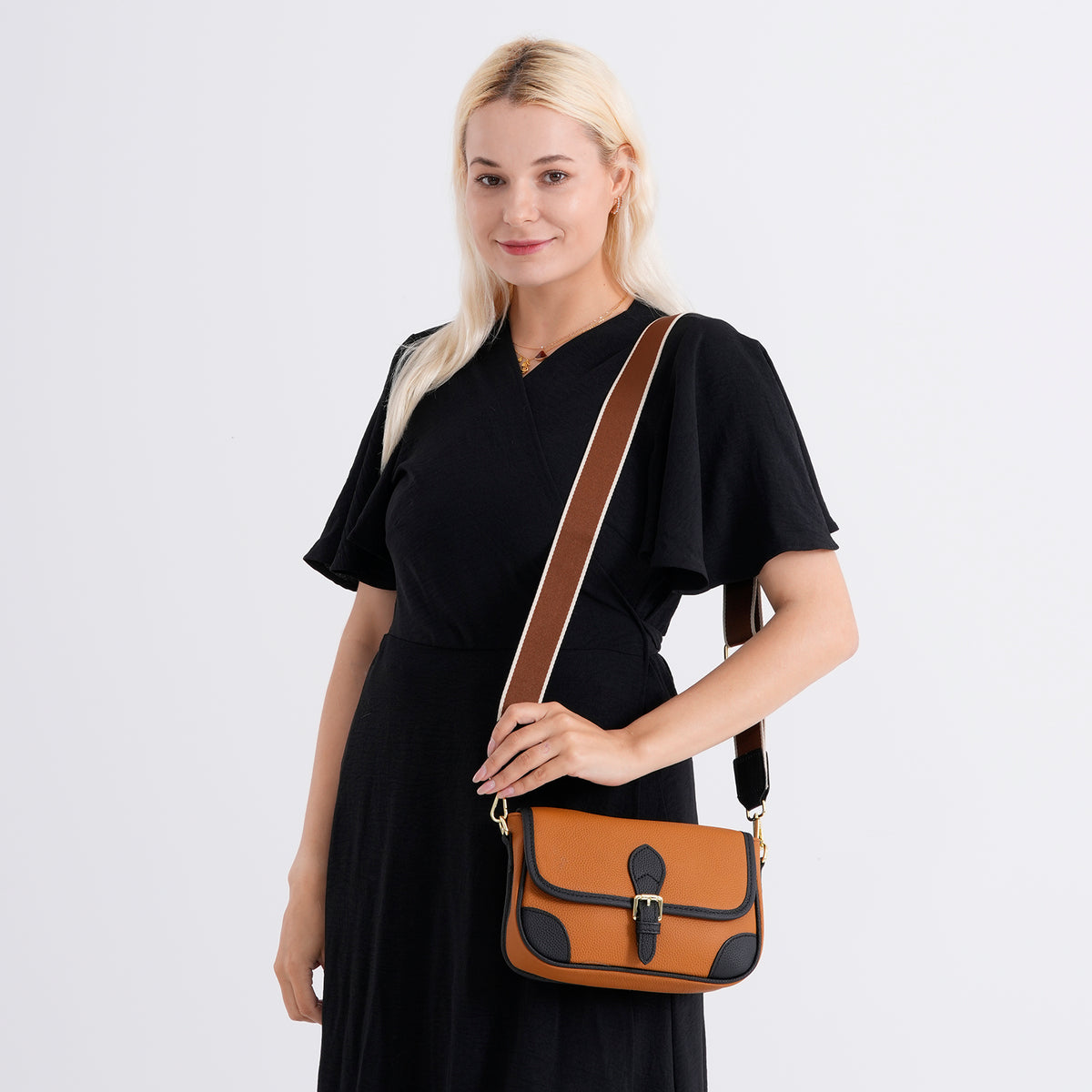 Genuine Leather Structured Sling Bag with Buckle Closure - Tan V32604847 3