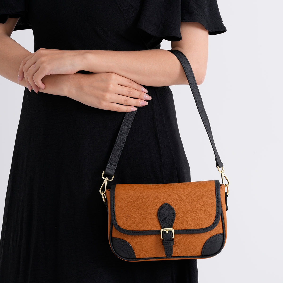 Genuine Leather Structured Sling Bag with Buckle Closure - Tan V32604847 4