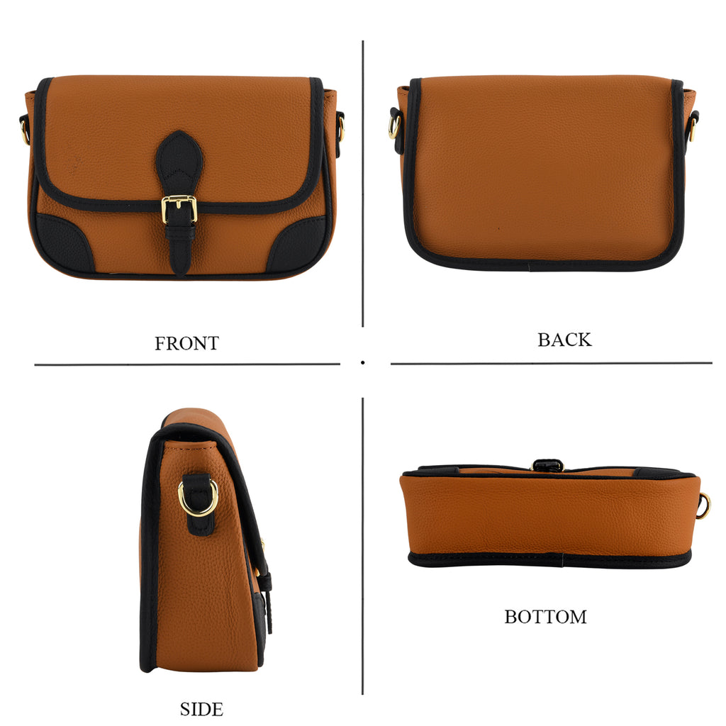 Genuine Leather Structured Sling Bag with Buckle Closure - Tan_8563789_4