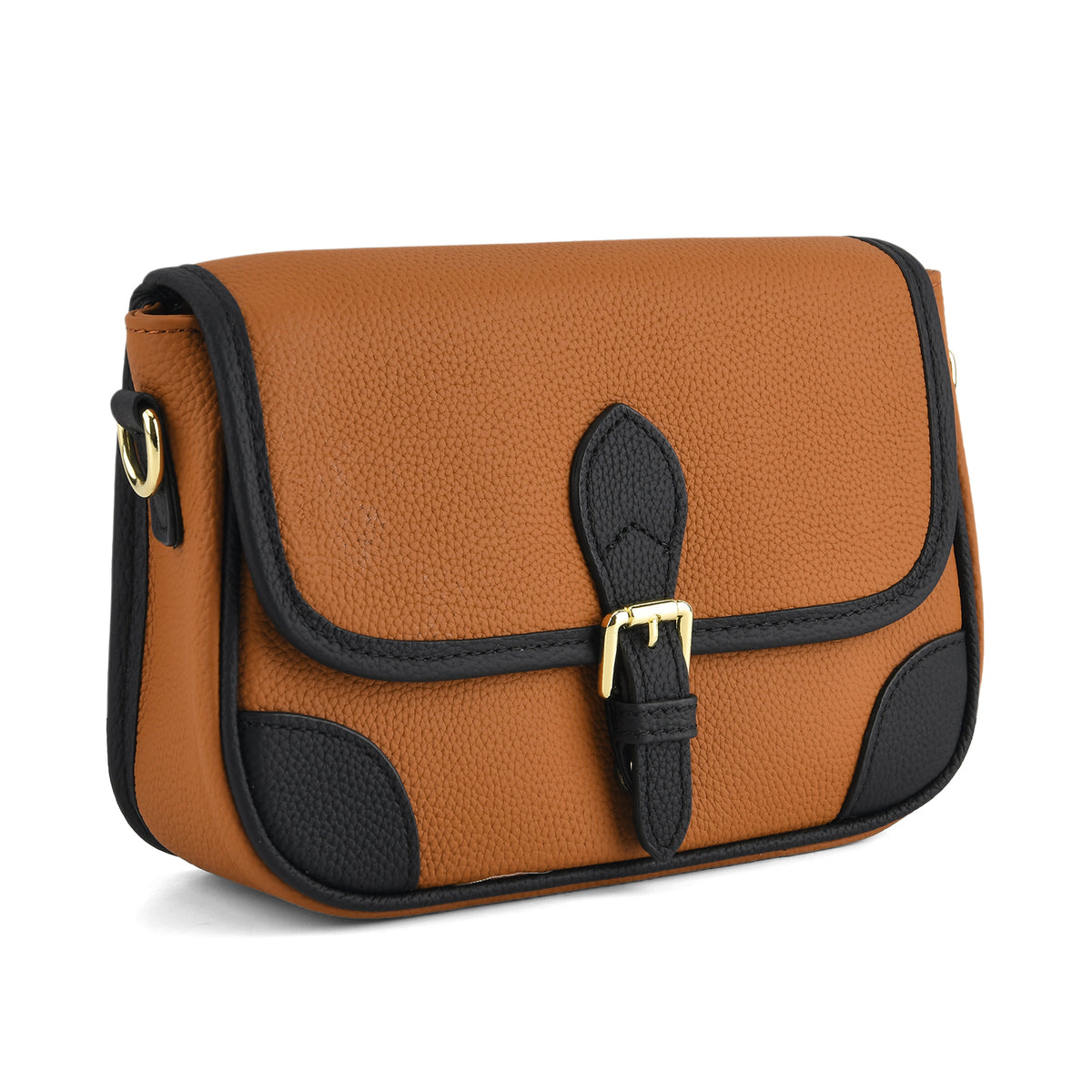 Genuine Leather Structured Sling Bag with Buckle Closure - Tan V32604847 7