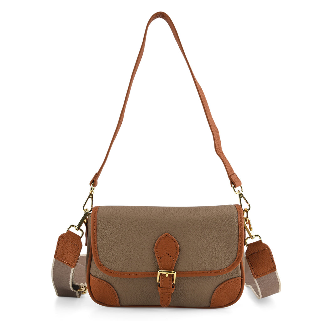 Genuine Leather Structured Sling Bag with Buckle Closure - Grey_8563790