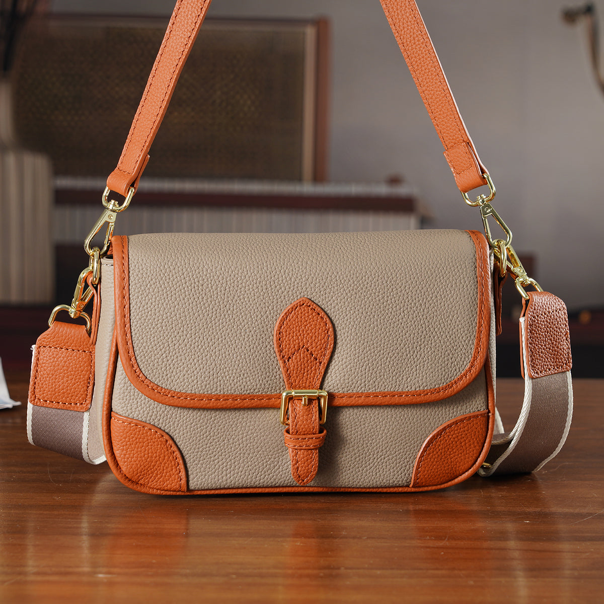 Genuine Leather Structured Sling Bag with Buckle Closure - Grey V32521464 2