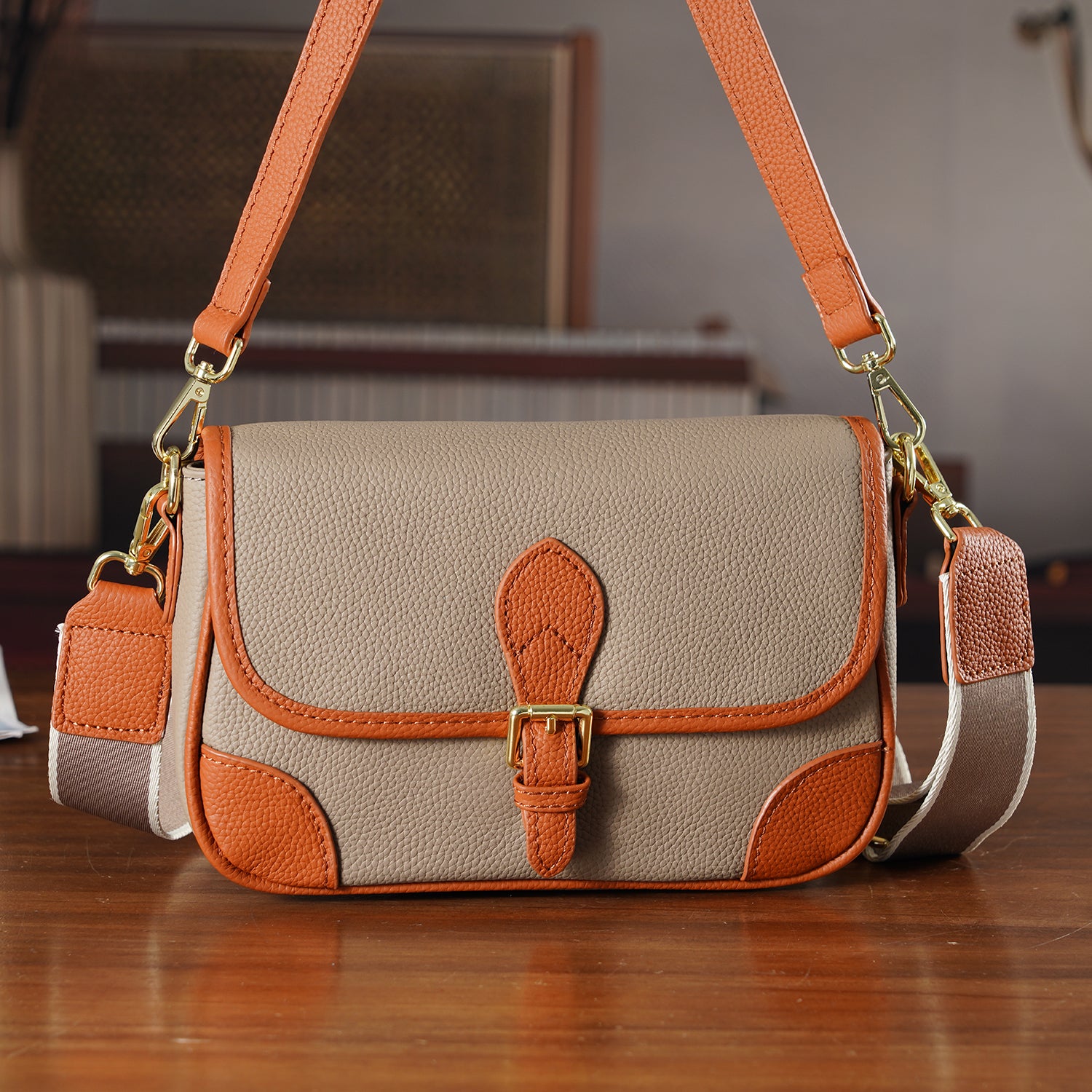 Genuine Leather Structured Sling Bag with Buckle Closure - Grey V32521464 2