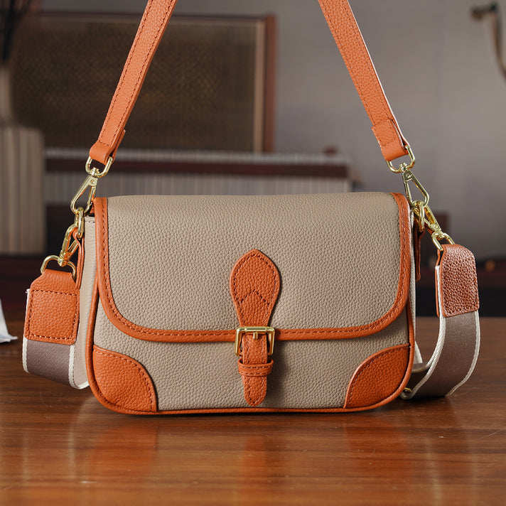 Genuine Leather Structured Sling Bag with Buckle Closure - Grey V32639043 2