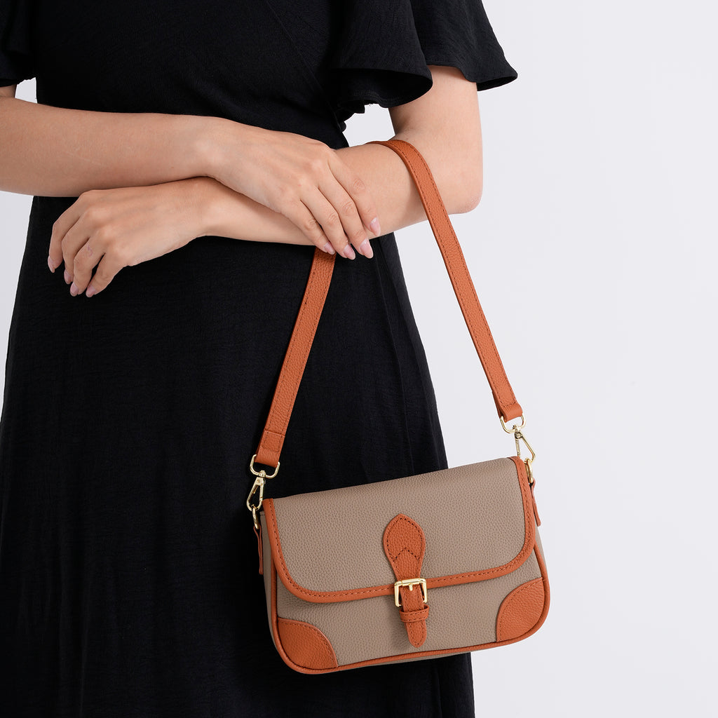 Genuine Leather Structured Sling Bag with Buckle Closure - Grey_8563790_3